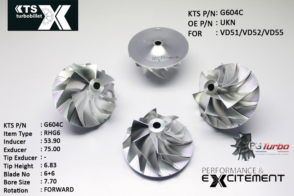 Turbo ROUE FORGÉE MFS PERFORMANCE - 6+6 PALES - INDUCER : 53,9 - EXDUCER : 75 - TYPE : RHG6ANGLE : 55° - ROTATION : Forward - SUPER BACK : 5,3 - BORE SIZE : 7,7
